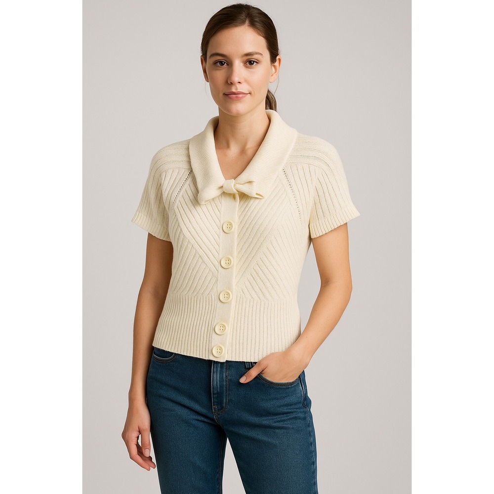 Semantiks Knit Short Sleeve‎ Cardigan Top Button Down Collared Sweater Cream